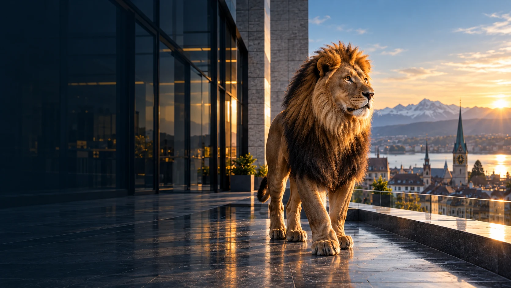 Ein Löwe auf einer modernen Terrasse mit Blick über Zürich